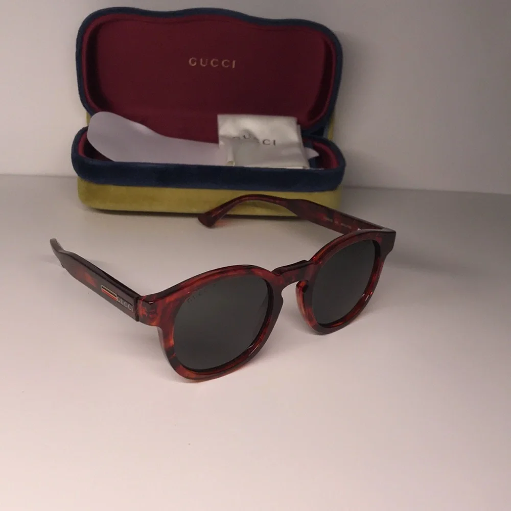 Gucci GG0825S 005 49 Havana Grey Round Sunglasses | New Authentic